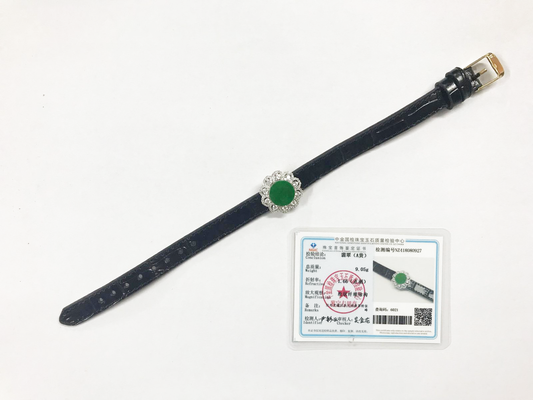 天然緬甸A貨糯冰種陽綠925銀鑲鑽翡翠胸扣連皮手帶【6021】