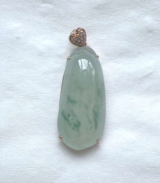 天然緬甸A貨18K金心形鑽鑲嵌糯種飄花翡翠福瓜掛件